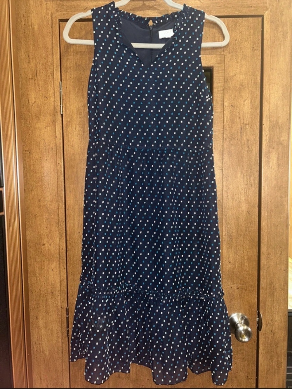 🎃LOFT Outlet Women's Navy Green Clip Dot Flounce Ruffle Hem Sleeveless Sz 6P - Picture 3 of 6